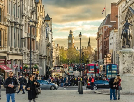 A busy London street, with Big Ben in the distance