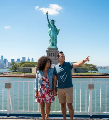 A tourist couple, smiling, with statue of liberty in background