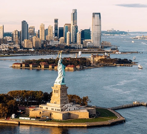 Aerial view of the Statue of Liberty and Manhattan in the background